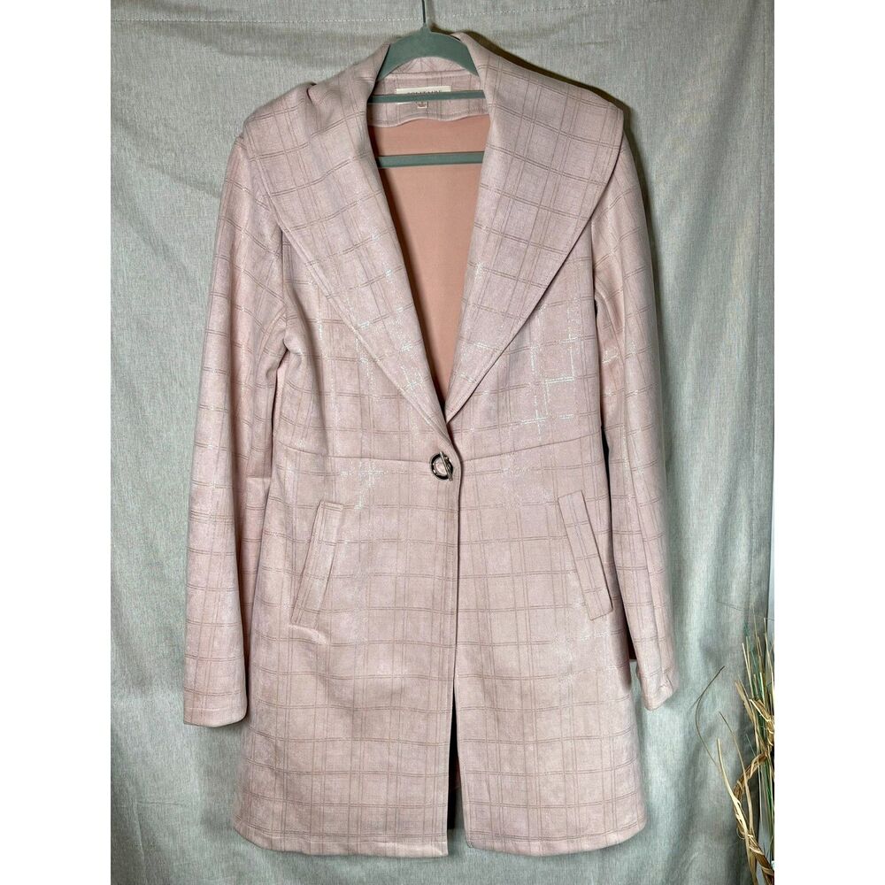 Solitaire Blush Pink Faux Suede Metallic Grid Plaid Trench Coat Jacket Small S